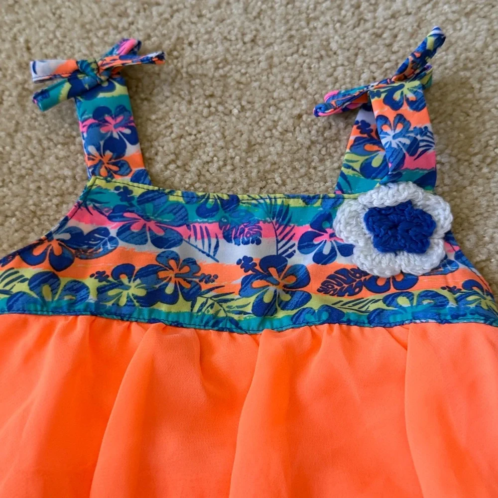 Little Lass Neon Orange Tiered Ruffle Tank with Tropical Floral Shorts - Picture 5 of 5